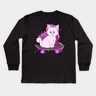 Pink Skater Cat Kids Long Sleeve T-Shirt